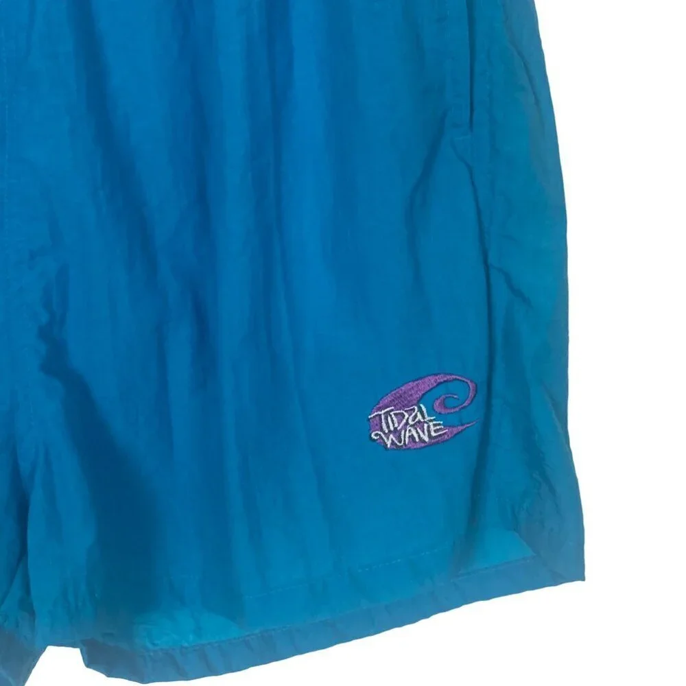 Vintage Tidal Wave Baggy Swim Trunks Mens Medium Blue Purple Mesh Liner Shorts